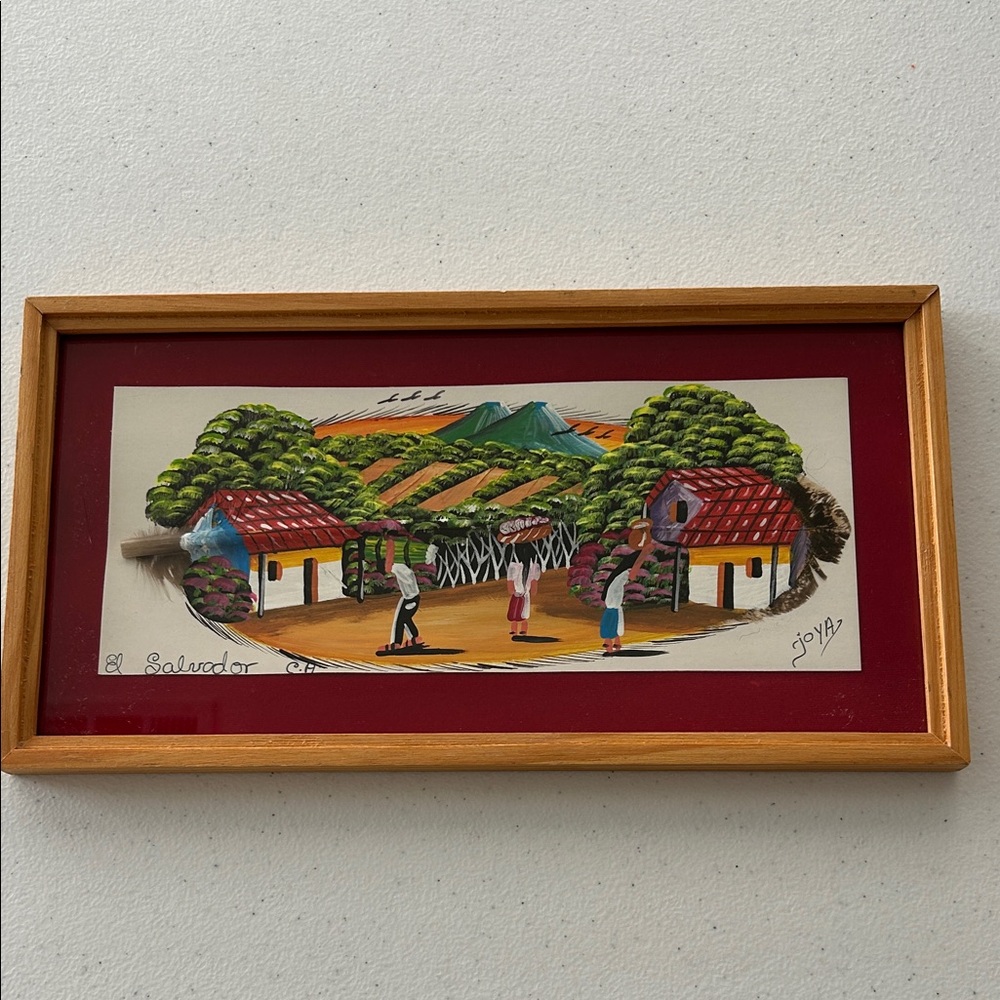 Framed Folk Art Feather Painting Hand-painted Signed By Joya